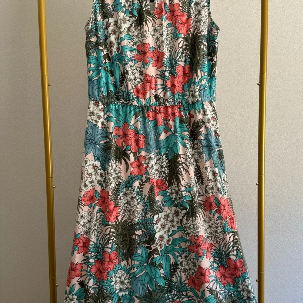 TALBOTS FLORAL JUNGLE JERSEY MAXI DRESS SLEEVELESS SUPER SOFT TROPICAL SZ L‎